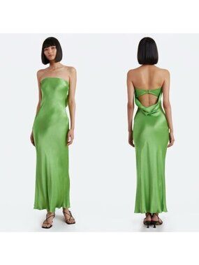 Bec + Bridge Moon Dance Strapless Dress 10 Sweet Pea Green Satin Cutout Draped
